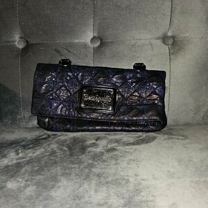 Betsey Johnson Black and Purple Sparkle Quilted Detail Zip Clutch